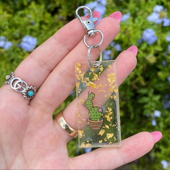 Green Cactus 🌵 With Pink Flowers Cartoon Sticker Keychain Bag Charm Resin Art - Picture 1 of 11